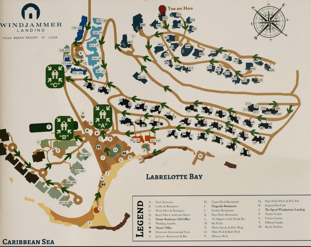 Windjammer Landing property map showing villa numbers and amenities